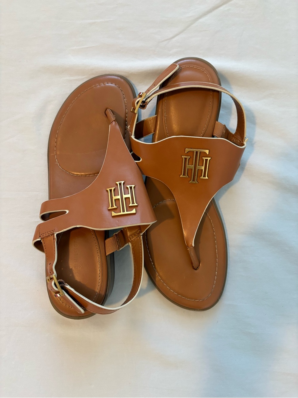 Tommy Hilfiger Cognac TH Logo T-Strap Sandals Gold Size 9M